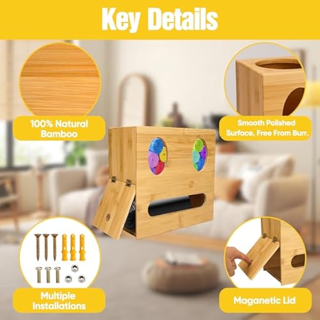 Trash Bag Holder Dispenser Wooden, 3-in-1 Bamboo Grocery Bag Holder & Trash Bag Dispenser for Grocery Bags and Garbage Bags, Wall Mount Trash Bag Holder for Home Kitchen Cabinet Organization