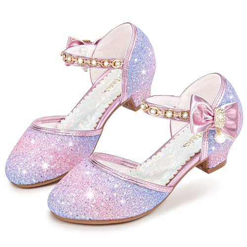 Image of Motasha Sparkly Girls Dress Shoes Kids High Heels Toddler to Big Kid | Glitter Closed Toe, Rhinestone Bow Straps, Hook-and-Loop Closure, Low Heel, Anti-Slip Outsole for Wedding Birthday Parties