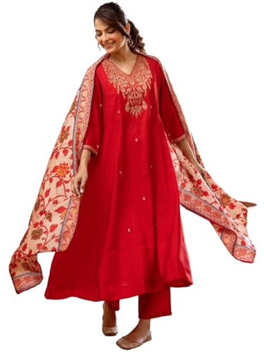 KLOSIA Women Embroidery Kurta and Pant Set with Dupataa (in, Alpha, XL, Red) KLOSIA Women Embroidery Kurta and Pant Set with Dupataa (in, Alpha, XL, Red)