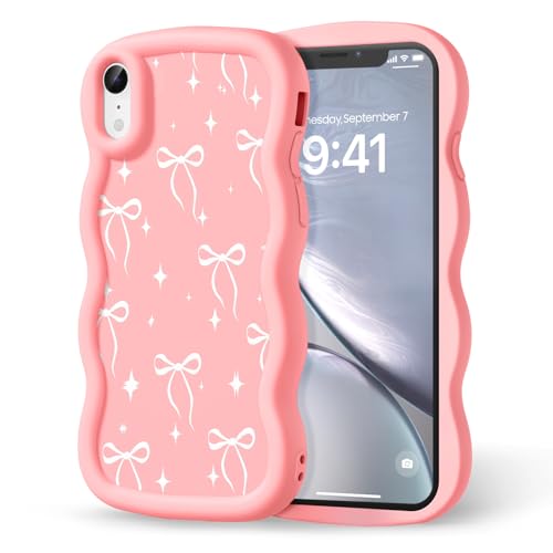 CASBST Compatible with iPhone XR Case for Women Girls, Curly Wavy Frame with Cute Pattern, Aesthetic Slim Soft Silicone TPU Bumper Shockproof Phone Case for iPhone XR - Bowknot Star