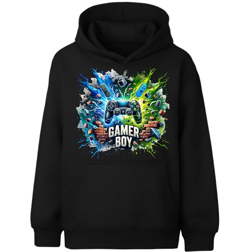 Fringoo Gamer Hoodie for Boys Cotton Rich Soft Hooded Sweatshirt for Boys Gaming Pullover Jumper with Kangaroo Pocket Age 5-13 (UK Age 9 Years 11 Years Regular BLACK - Gamer Boy Thunder)