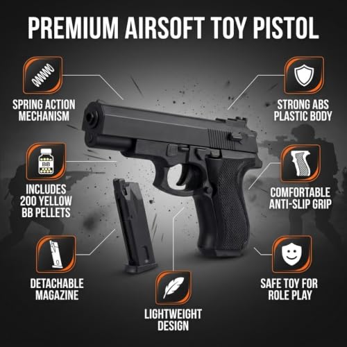Image of Velinor Toy Gun Airsoft Pistol for Kids 6-12, Spring Action Plastic Toy Gun with 200 Yellow BB Pellets, Detachable Magazine, Lightweight Safe Pretend Play Gift for Boys and Girls