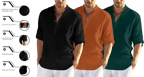 Image of Zombom Combo of Men's Solid Cotton Polyester Blend Full Sleeve Mandarin /Chinese Collor Straight Kurta Shirt (Pack of 3)