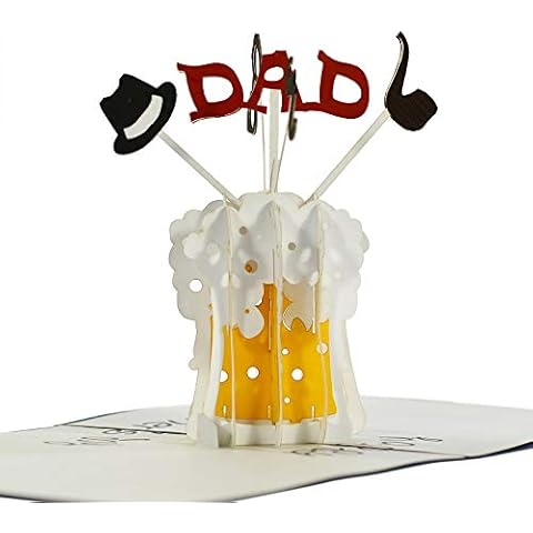 Happy Fathers Day Beer Pop Up 3D card. A unique and funny beer greeting card gift for Fathers Day, Birthdays, for beer lovers, for dad and grandad. Pop up 3-D beer card with moustache and sunglasses Cover