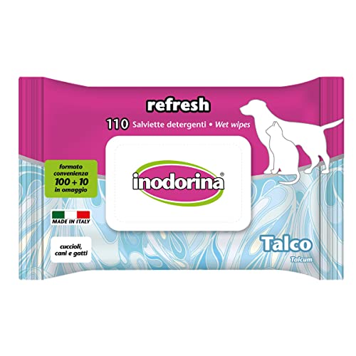 Inodorina Toallitas Desinfectantes para Perros y Gatos Talco (110 Unidades). Toallitas Húmedas de Higiene para Mascotas, Tejido Resistente Sin Alcohol, Azul