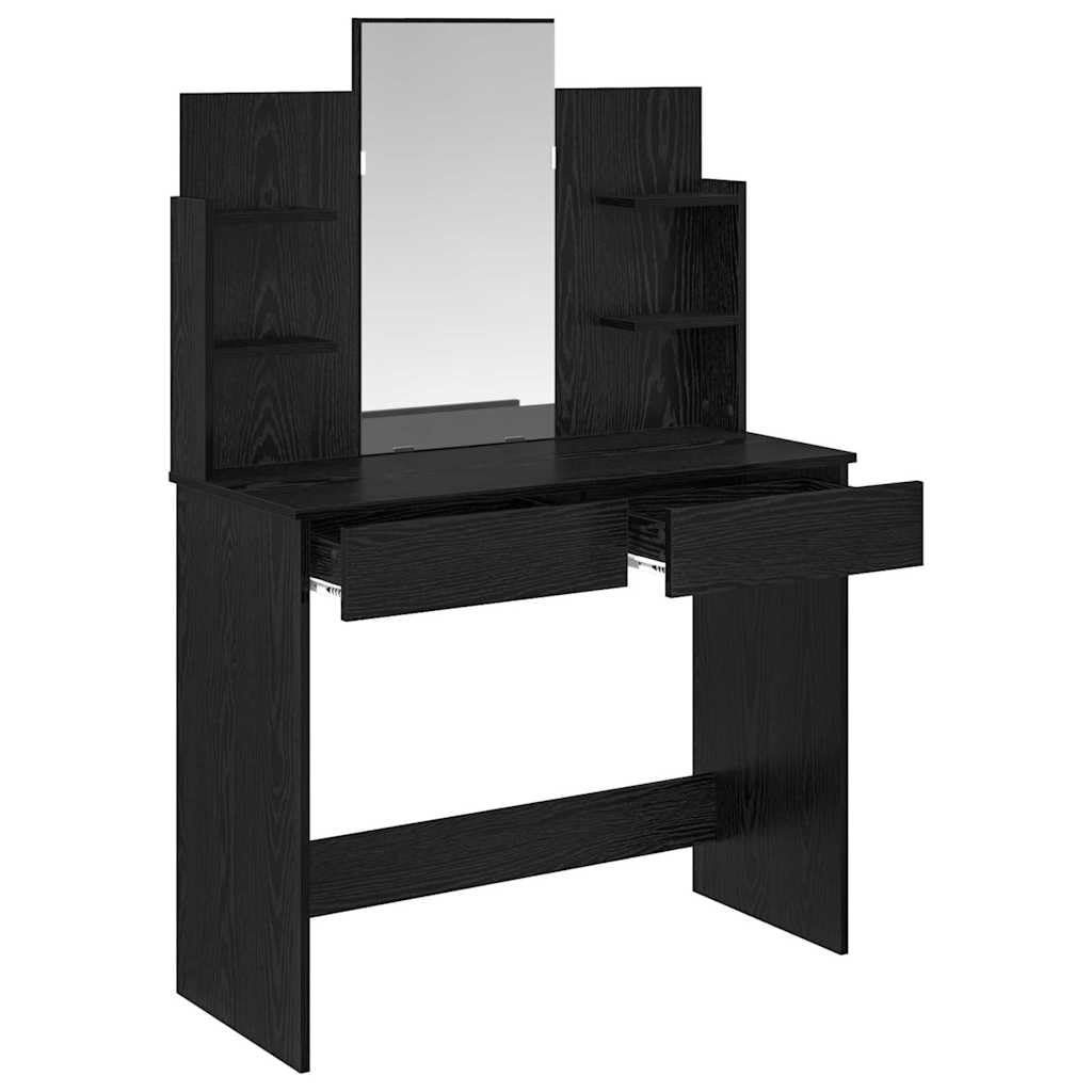 Générique Schminktisch mit Spiegel, Eiche, Schwarz, 96 x 142 cm | Glattes Holz, Regale aus Brettern, ausziehbare Schubladen, einfache Reinigung