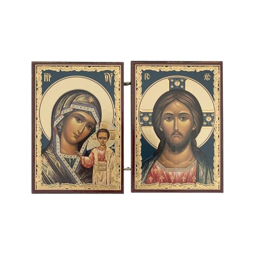 BlessedMart Orthodox Christian Pocket Diptych Icons Folding Mini Byzantine Icons of Christ and Theotokos 3.35 Tall Travel Icons (Theotokos of Kazan and Christ Pantocrator)