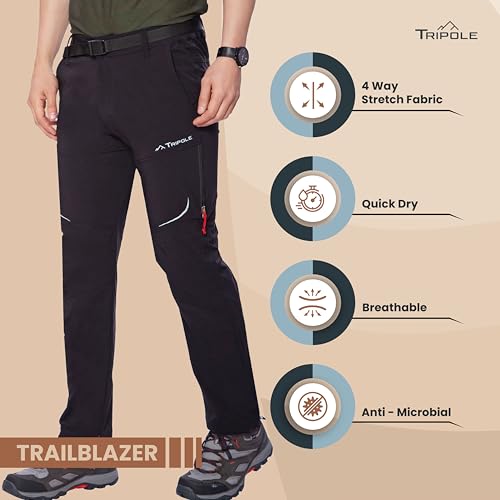 Image of TRIPOLE Trailblazer Trekking and Hiking Pants and Cargo for Outdoors and Travelling (in, Alpha, L, Regular, Full Black)