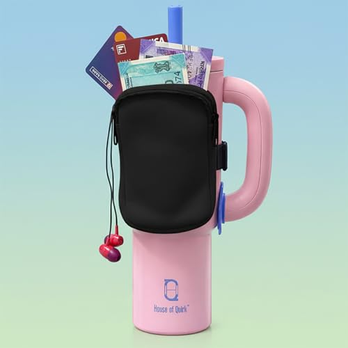 Image of House of Quirk Water Bottle Carrier Bag for Cards, Key 40 /30 oz Tumbler Neoprene Water Bottle Holder Pouch with Adjustable Strap (Black)
