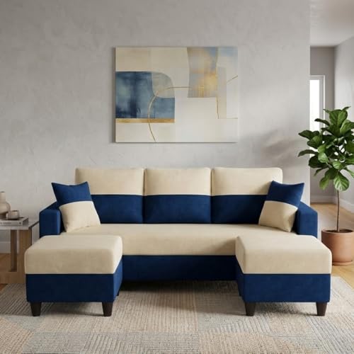 Image of Cavo 5 Seater L Shape Sofa Set with 2 Movable Ottomans | Flexible Layout | Luxury Velvet Suede Fabric | Modern Living Room Sofa | Dark Blue-Cream