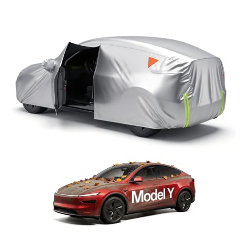 Amadaw Tesla Model-Y Car Cover 2020~2026(Juniper) Waterproof Inner Lining Protects Paint Zippers for Driver Side & Charging Port PU Coating for Sun and UV Protection-Silver