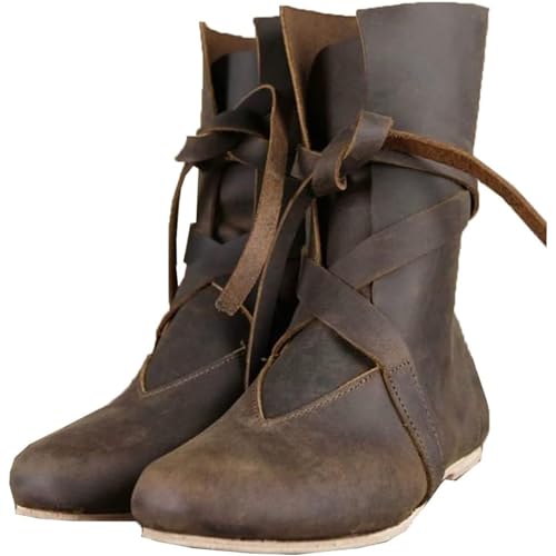 DJFOG Stivali da Cavaliere medievali in Pelle PU Stivali Cosplay medievali rinascimentali Stivali Vintage da Donna da Uomo Scarpe Stringate con Fondo Piatto,Marrone,45 EU