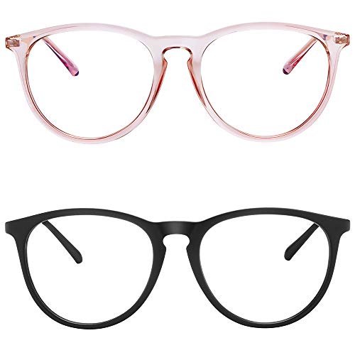 YAROCE Blue Light Glasses, 2-Pack Anti Glare UV Digital Eyestrain Round Computer Gaming Blue Light Blocking Glasses for Women/Men (Pink, Black)