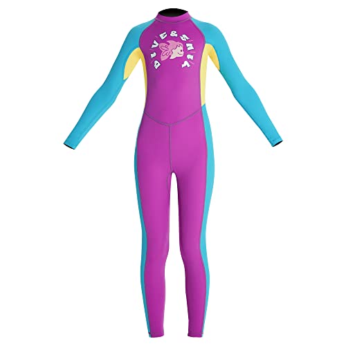 Kids Girls Long Sleeve One Piece Swimsuit, UV Protection 50+, Full Body Coverage, Bule and Purple (US, Alpha, M, Purple)