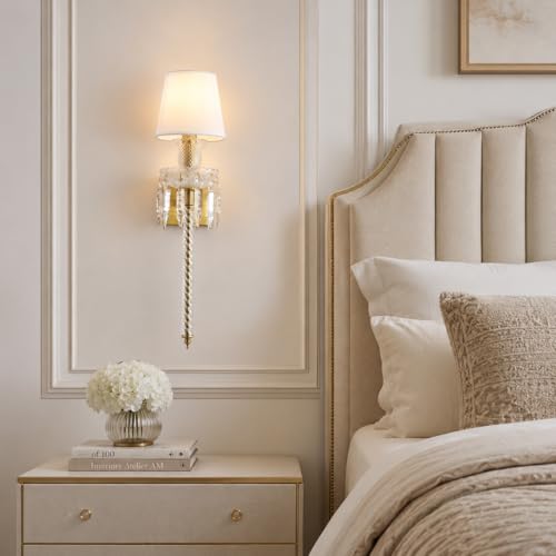 Image of Modern Crystal Wall Sconce with Linen Shade Vintage Crystal Gold Wall Light Modern Glass Golden Wall Lamp for Bedroom, Hallway, Living Room, Mirror