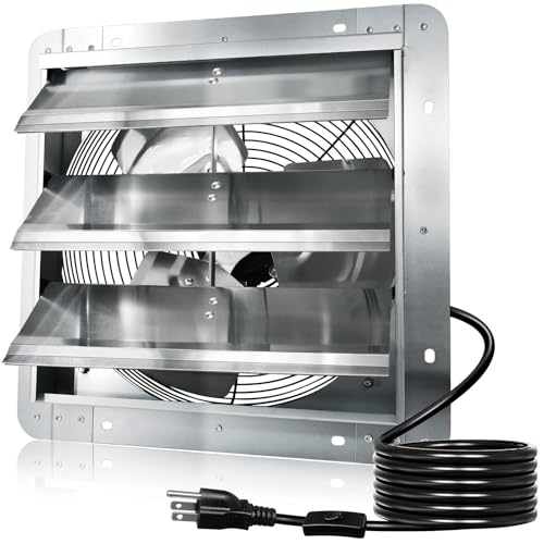 Hiorucet 14 Inch Shutter Exhaust Fan, 1558CFM High Speed Low Noise Aluminum Louvered Exhaust Fan Wall Mounted with 1.8m Power Cord for Greenhouse, Garage, Shop, Attics, Chicken Coop Ventilation.