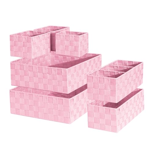 Image of ORGMASTER Drawer Organizer, Cube Baskets for Storage Shelves, Handmade Small Woven Basket, Shallow Storage Bins for Organizing Desk, Dresser, Kitchen, Pantry, Nested 7 Pack, Pink