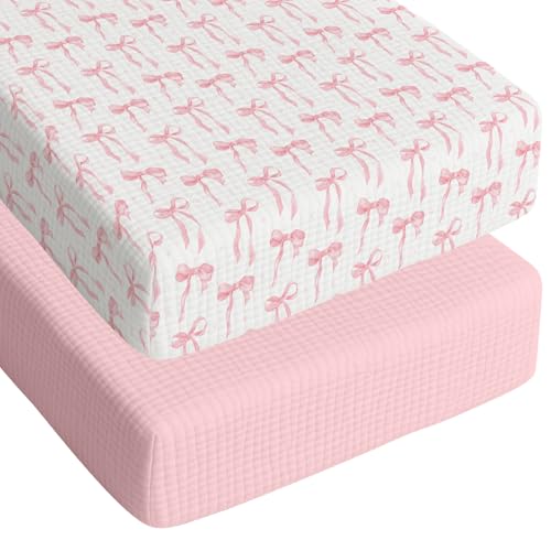 Breling 2 Pcs Muslin Pink Bow Crib Sheets for Girl