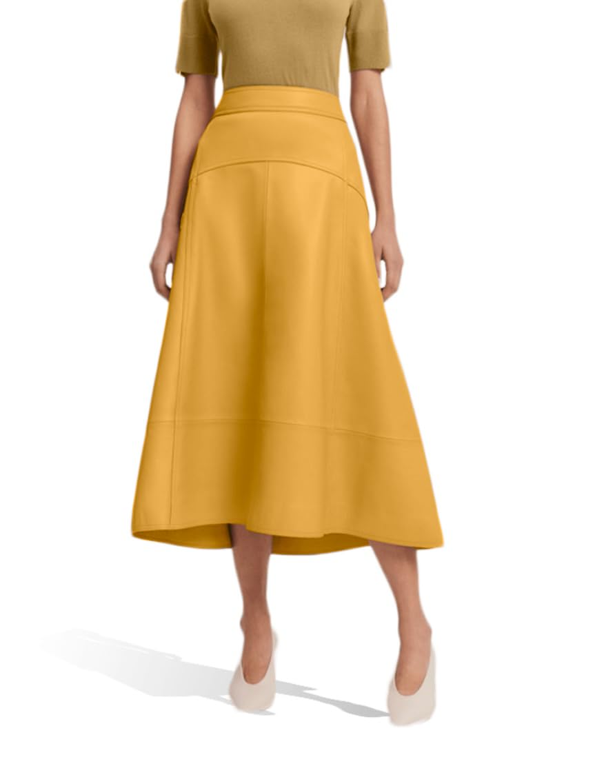 Jild Real Lambskin Leather Skirts for Women High Waist Classical Mid Length Going Out Skirt with Stylish Patchwork