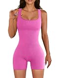RoniKasha Rompers for Women Yoga Workout Ribbed Square Neck Sleeveless Sport Romper Jumpsuits,Rose,L