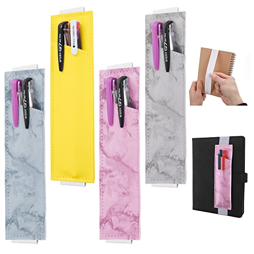 4Pcs Adjustable Elastic Band Pen Holder Leather Pen Sleeve Pu Pencil Holder Pouch For Journals, Notebooks, Books, Planners, Rigid Tablet Gift, Detachable (Blue, Yellow, Pink, Marbled Gray) #TOP29