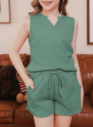 Image of blibean Girls Summer Clothes Set Kids Waffle Pockets Cotton Outfit Size 4-13 Years