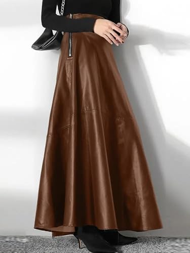 Pohullan Women Solid Pu Leather Maxi Skirts Casual High Waist Zipper A-Line Long Skirt3
