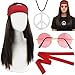 WANGWANG 4 Stücke Hippie Kostüm Set, 70er Jahre Outfit Herren mit Perücke Brille Peace Halskette Stirnband, Flower Power Zubehör Kostüm für Karneval Fasching Fastnacht
