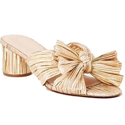 YIYA Womens Pleated Bowknot Heeled Sandals Bridal Wedding Open Toe Ankle Strap Block Chunky Heeled Dress Party Bridal Wedding Sandals