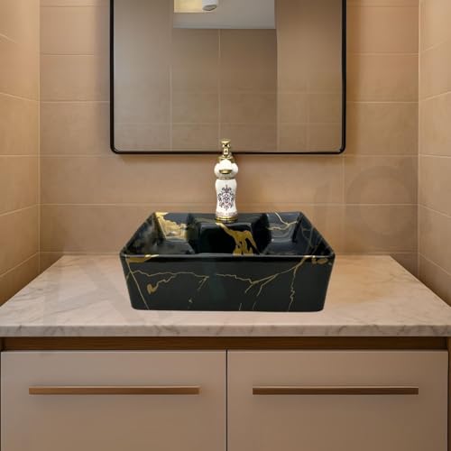 Image of Artiva Designer Ceramic Table Top Wash Basin For Bathroom /Wall Mounted Bathroom Sink /Wall Hung Washbasin /Black Wash Basin For Cabinet, Countertop, Vanity (Porto Black 16 x 12 x 5 Inch)