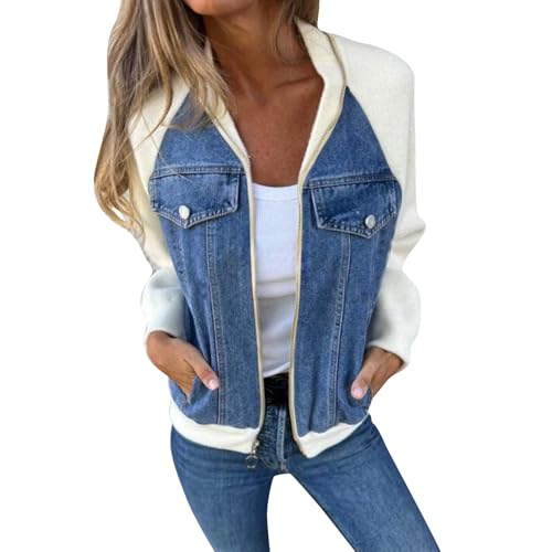 cfpqv Veste en jean à manches longues pour femme Élégante décontractée fermeture éclair patchwork bloc de couleurs chemise en jean top chemisier pour...