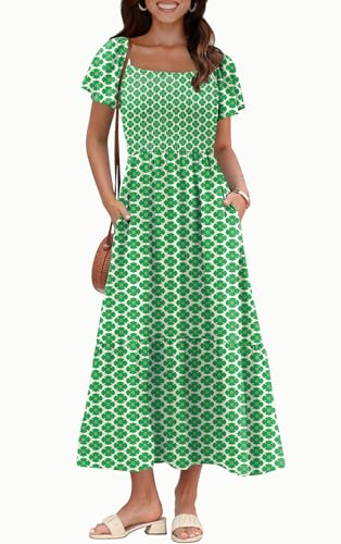 Image of OFEEFAN Summer Dresses for Women Square Neck Ruffle Sleeve Smocked Maxi Dress with Pockets