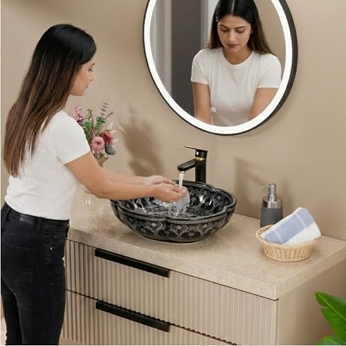 Image of BASSINO 16.5x16.5x5 Inches Designer Moroccan Ceramic Table Top Wash Basin /Matte Black Floral Art Bowl Sink for Bathroom /Handcrafted Flower Shape Countertop Washbasin for Office /Hotel(Matt)