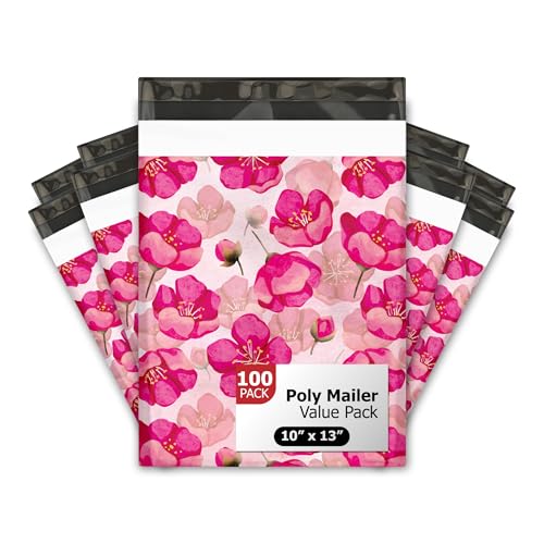 10x13 (100) Pink Poppies Floral Summer Designer Poly Mailers Waterproof Self Sealing Tear Resistant Polymailers Shipping Envelopes Premium Printed Bags For Small Businesses