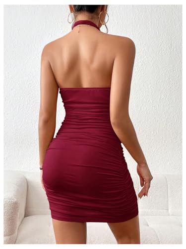 Image of SOLY HUX Women's Ruched Halter Mini Dress Sleeveless Backless Bodycon Club Party Dresses