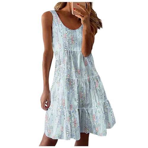 Sommerkleid Damen Leicht Und Luftig Knielang Sommer Ärmellos Freizeitkleid Elegant Boho Kleid Strandkleider Leichte Lässige Blumenkleid Blau XL