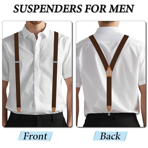 Generisch Hosenträger Herren Extra Stark Breit 35mm, Hosenträger für Herren Y-form mit Umwandelbar Abnehmbar 3 Clips 6 Stück Leder Knopfloch Elastisch Einstellbar Läng Suspenders Men Dunkelbraun