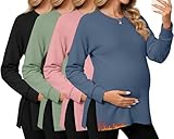 Ficerd 4 Pack Women's Casual Maternity T-Shirts, Long Sleeve Crew Neck Split Side Tee Tops Shirts Loose Fit Pregnancy Clothes(Haze Blue, Pink, Gray Green, Black,XX-Large)