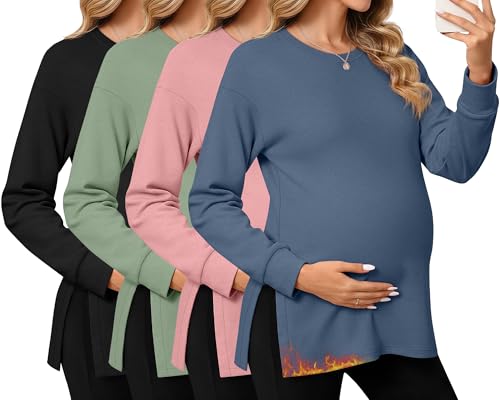 Ficerd 4 Pack Women's Casual Maternity T-Shirts, Long Sleeve Crew Neck Split Side Tee Tops Shirts Loose Fit Pregnancy Clothes(Haze Blue, Pink, Gray Green, Black,XX-Large)