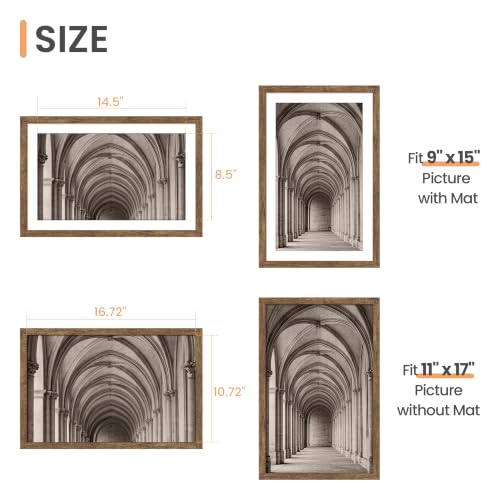 Image of upsimples 11x17 Picture Frame, Display Pictures 9x15 with Mat or 11 x 17 Without, Wall Hanging Poster Frames, Rustic Brown, 1 Pack
