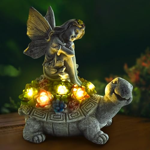 Hereneer Solar Gartenfiguren Schildkröte, Gartendeko für Draußen, Garten Schildkröten Statue mit Sukkulenten und 5 LED Leuchten für Terrasse/Balkon/Rasen, Geschenk für Frauen (Weißer Engel)