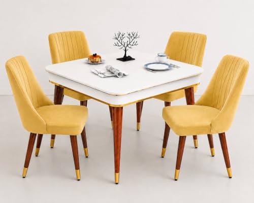 Image of WOODEN SPACE 4 Seater Wooden Dining Table Set | Urban Marble Top Dining Table with Chairs for Dining Room & Kitchen (Modern Frontline Yellow) (42 x 42 x 30 inch)