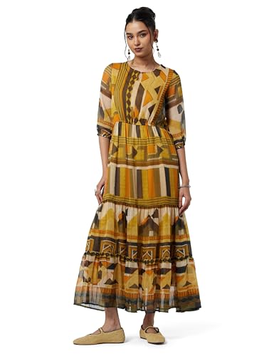 Image of BIBA Women Cotton Blend Tiered Printed Dress