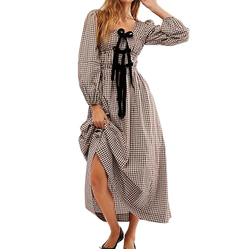 Women Plaid Maxi Dress Long Puff Sleeve Square Neck Flowy Boho Dress Bow Tie Smocked Fall Dresses