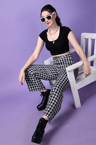 Image of POPWINGS Casual Check Print Button and Zip Closure Trouser for Women | Western Wide-Leg Trouser for Women | Summer Trousers for Women | Comfortable Semi-Formal Work Trouser for Women