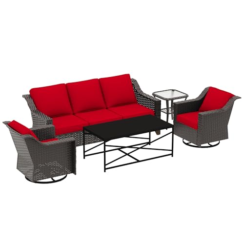 Image of 5 Piece Patio Furniture Set, Wicker Outdoor Conversation Set | Patio Chair Set with Olefin Removable Cushion, All-Weather Outdoor Couch with Deep Seat for Porch, Deck and Backyard, Red