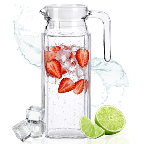 Jarra de Vidrio 1 Litro con Tapa, Jarra de agua de cristal para Nevera y Mesa, para Agua, Zumos, Leche e Infusiones, Diseño Compacto para Cocina, Hogar y Oficina. (x1, 1 litro)