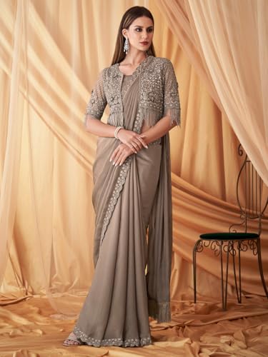 Image of AKHILAM Women's Georgette Embellished Saree With Unstitched Blouse Piece