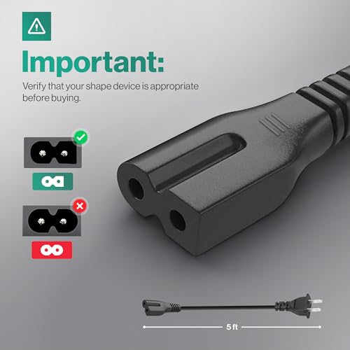 image for LORDTRONICS 2 Prong Polarized 5Ft Power Cord C7 Connector AC Power Cab