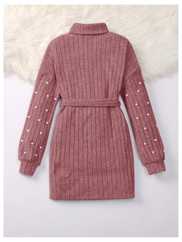 SHENHE Girl's Turtleneck Pearl Beaded Ribbed Sweater Dress Long Sleeve Belted Knit Dress2